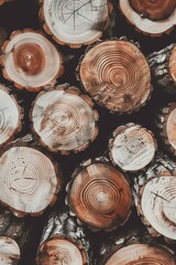Naklejka premium stack of freshly cut logs, arranged neatly in a pile. The cross-sections reveal the tree rings and natural textures of the wood