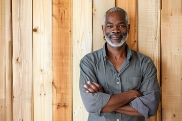 Portrait of a merry afro-american man in his 40s with arms crossed in front of light wood minimalistic setup