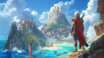 A fantasy adventurer gazes over a vibrant coastal landscape with majestic mountains, a castle, and a sailboat on a clear day.