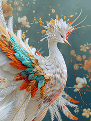 Fototapeta premium Chinoiserie painting of phoenix with turquoise background, moody vintage wall art, wallpaper