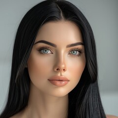 Close-Up Portrait of a Young Woman With Long Black Hair and Blue Eyes