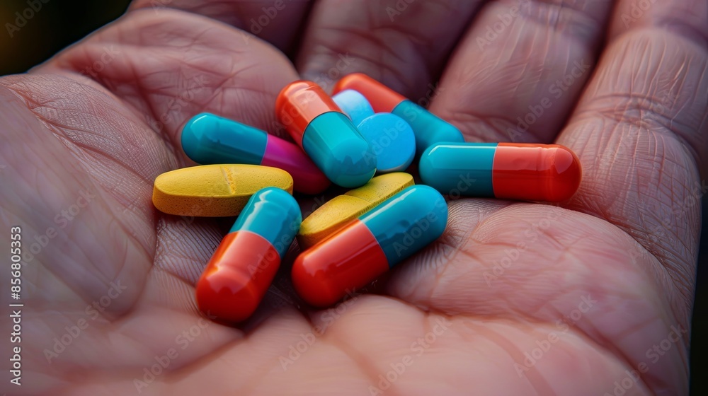 Fototapete close-up shot of colorful pills resting on an open palm, background blurred for intimate focus. gene