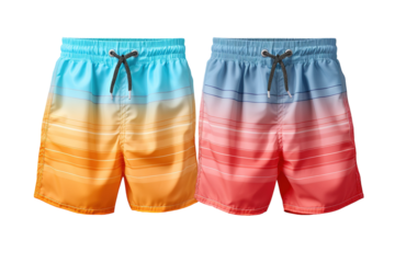 Vibrant Sunset Stripes Swim Trunks for Boys Summer Fun on a Clear PNG or White Background.