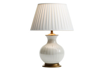 Elegant White Ceramic Table Lamp With Pleated Shade on a Clear PNG or White Background.