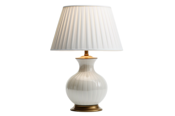 Elegant White Ceramic Table Lamp With Pleated Shade on a Clear PNG or White Background.