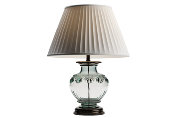 A Pleated White Shade Illuminates a Crystal Vase Lamp on a Clear PNG or White Background.