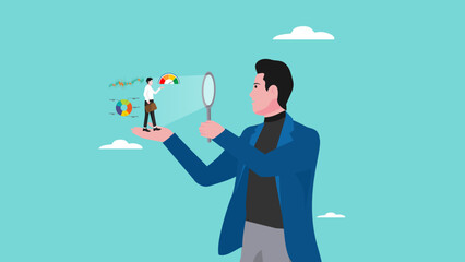 employee performance evaluation, assessment of employee competency development, annual review to achieve business goals, businessman using magnifying glass to review employees with diagram graph