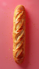 Freshly baked baguette with a golden crust on a vibrant pink background. Perfect for bakery and food-related designs.
