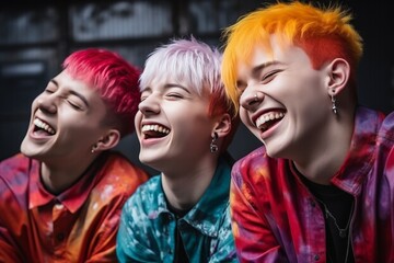 Obraz premium Three Friends Laughing Together With Brightly Colored Hair