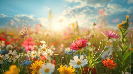Obraz premium Lush and vibrant field of blooming wildflowers in full bloom on a sunny summer day creating a captivating and picturesque countryside landscape