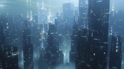 Obraz premium A cityscape with tall buildings and a foggy atmosphere
