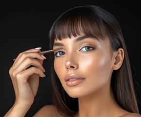Obraz premium Woman With Brown Hair and Bangs Applies Makeup to Her Eyelids