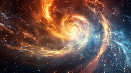 A spiral galaxy with a bright orange and red swirl