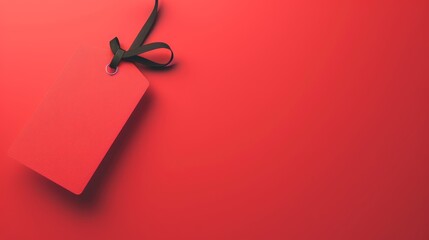 Elegant red tag with black ribbon on red - An elegant red textured tag with a luxurious black ribbon against a bright red background, evoking exclusivity