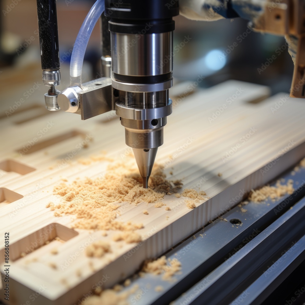 Poster close up of cnc milling cutter creating precise lines in solid wood block with fine grooves