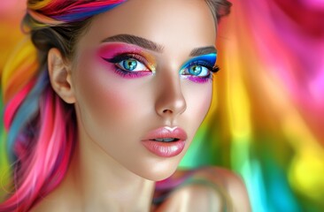 Obraz premium Woman With Rainbow Hair and Colorful Eye Makeup