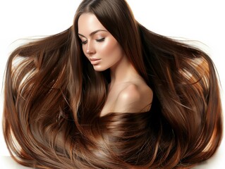Obraz premium Woman With Long, Straight Brown Hair Against White Background