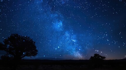 Fototapeta premium Stunning and captivating image of a breathtaking starry night sky over a remote serene wilderness landscape The silhouettes of trees against the dramatic