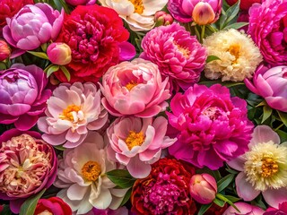 An Overhead Shot Of A Variety Of Peony Flowers In Full Bloom Against A Dark Background.