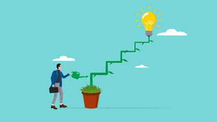 strategy for career development with creative idea solution, growth strategy, career path development or growing business, businessman watering plant with lightbulb idea to improve career or skills