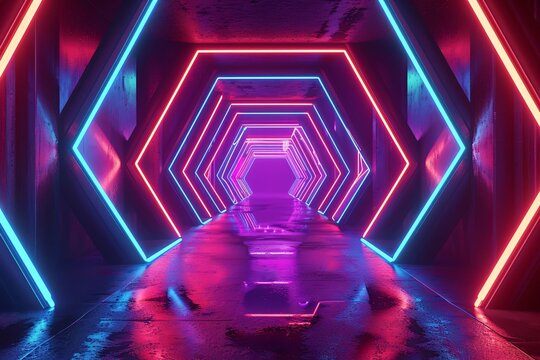 a tunnel with hexagons and neon lights - Powered by Adobe