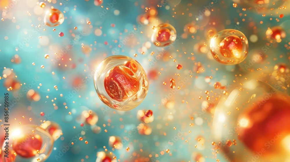 Fototapete 3d rendering of vibrant cells and pills - highly detailed 3d rendering of active cells and pill caps
