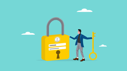 high protection for data security, safety for login account or trong password for cyber security, secure data privacy, businessman hold key with user account lock with strong pad lock concept