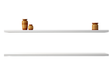 White Floating Shelves With Wooden Vases and Jars in a Minimalist Setting on a Clear PNG or White Background.