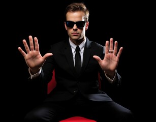 Obraz premium A man in a suit and sunglasses is sitting on a red chair