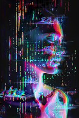 Fototapeta premium A stylized portrait of a woman, her face and body distorted and fragmented by a cascade of digital glitches and neon lights, suggesting a connection to a virtual world