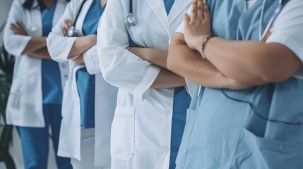 Medical team standing united with arms crossed, prepared to address patient care needs effectively