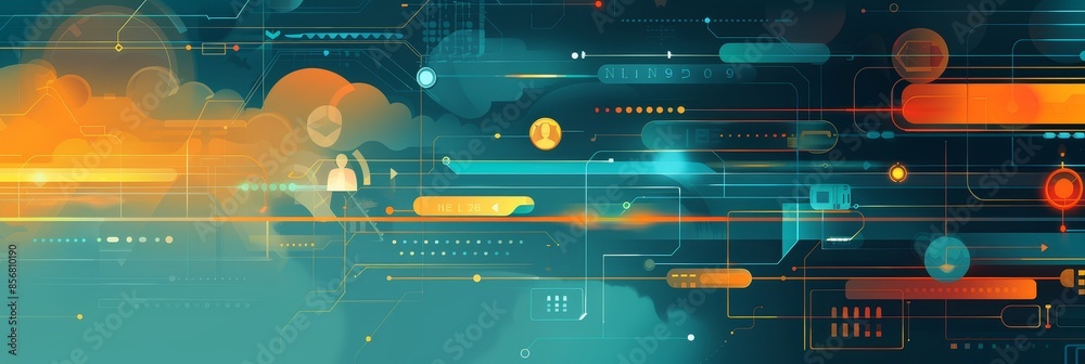 Poster panoramic tech abstract background with lines - wide format digital abstract technology background w