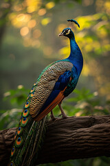 portrait photo of peacock with blur nature background , moody vintage wall art, wallpaper © Kornkanok