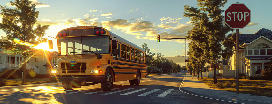Digital 3D render, wide-angle view of a sleek modern school bus, stop sign vividly highlighted, flashing lights glowing, set against a suburban street backdrop, late afternoon sun casting long shadows