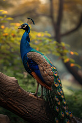 Obraz premium portrait photo of peacock with blur nature background , moody vintage wall art, wallpaper