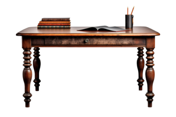 Antique Writing Desk With Turned Legs and Stacked Books on a Clear PNG or White Background.