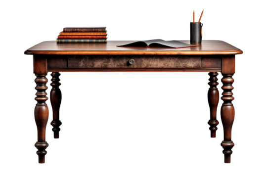 Antique Writing Desk With Turned Legs and Stacked Books on a Clear PNG or White Background.