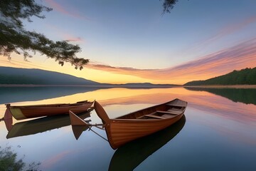 A breathtaking sunset over a serene, crystal-clear lake. The sky is ablaze with  vibrant colors, ranging from deep reds and oranges to yellows and purples, the sun dips below the horizon. rowboat