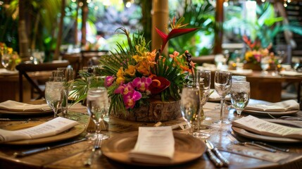 Fototapeta premium Tables adorned with handcrafted centerpieces made from tropical flowers and foliage adding a touch of natural beauty to the farmtotable dining experience.