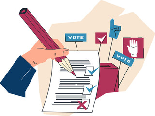 Hand of a voter voting for a party candidate in an election. Theme of democratic elections and voting.