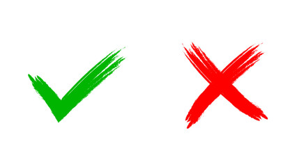 Green Tick Brush Stroke Sign, Icon, Tick Mark, Right Answer, Yes, Check Mark. Red Cross Mark Brush Stroke Sign,Cross Icon, No Sign, X, Mark, Wrong Answer, No, Cross. Vector Illustration.
