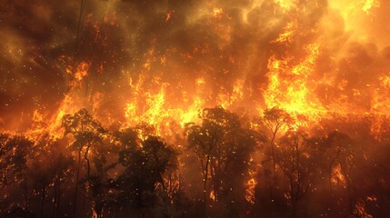 An ultra-sharp and clear 3D visualization of a forest fire spreading rapidly, with flames engulfing trees and smoke filling the sky, highly detailed