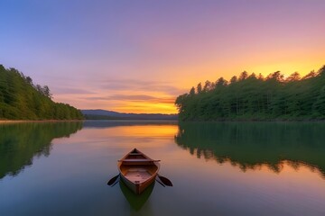 A breathtaking sunset over a serene, crystal-clear lake. The sky is ablaze with  vibrant colors, ranging from deep reds and oranges to yellows and purples, the sun dips below the horizon. rowboat