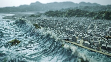 A highly detailed 3D representation of a tsunami evacuation route, highlighting safe zones, warning systems, and emergency shelters along a coastal region, ultra-sharp and clear