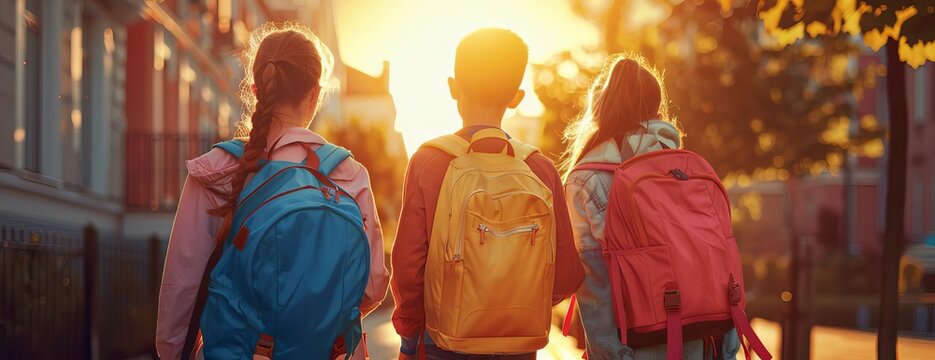 Eye-level shot of school friends, one boy and two girls, with colorful backpacks, backview, sunset lighting, photorealistic digital rendering, capturing youthful camaraderie