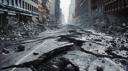 An ultra-sharp and clear image of a powerful earthquake causing severe damage to a city street, with buildings crumbling and roads cracked, highly detailed