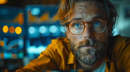 A photographic style of a financial analyst examining stock market trends on a large monitor, minimalist modern office, natural light from large windows, analytical expression, coffee cup on the desk.