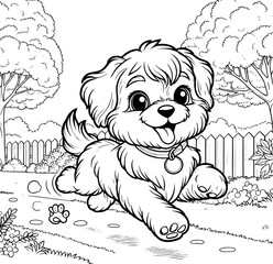 a cheerful little dog is running in the park suitable for a kindergarten child's coloring book