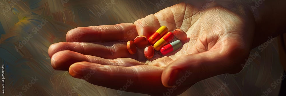 Leinwandbilder A close-up of an open palm holding several colorful pills, the background blurred for a gentle, intimate feel. Generative AI