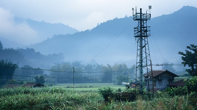A highly detailed photograph of an early warning system tower in a rural area, demonstrating the importance of technology in natural disaster reduction, ultra-sharp and clear